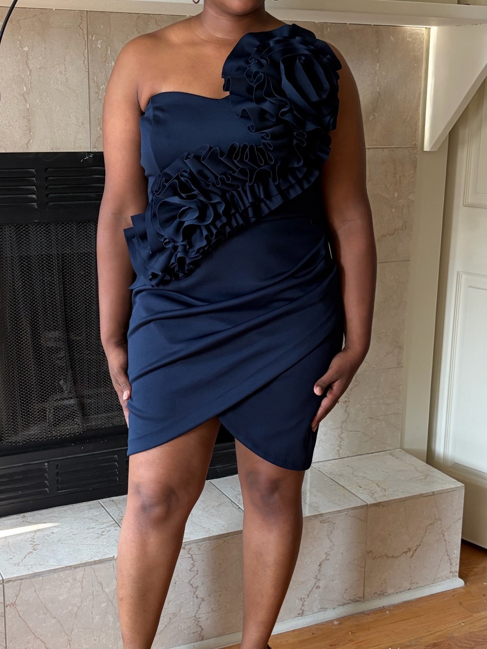 One-Shoulder Navy Ruffle Mini Dress